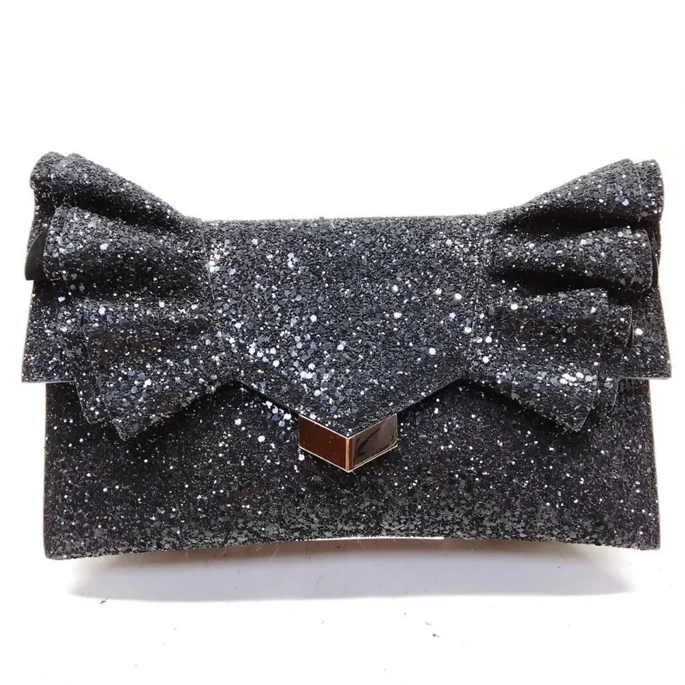Auth Jimmy Choo Black Glitter Isabella Bow Clutch Evening Bag